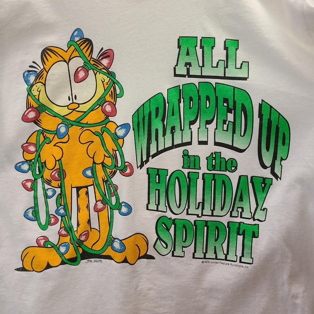 Vtg 70s 1978 Single Stitch Garfield T-Shirt Christmas Holiday lights USA made LG